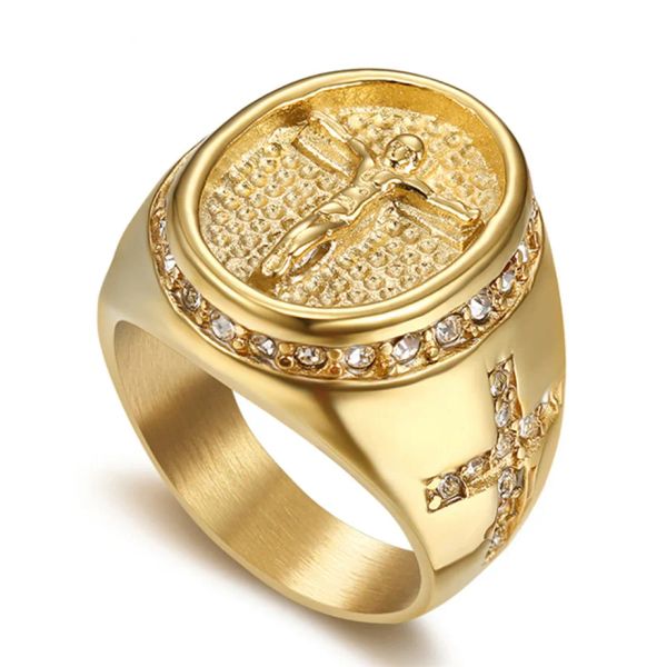 Anelli di design Anelli in oro 14 carati Anello di design con croce di Gesù ghiacciato per uomo Gioielli religiosi Bague Homme