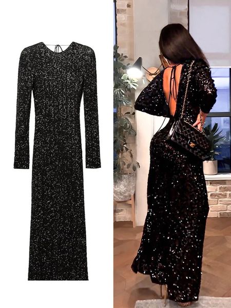 Abito urbano sexy elegante con paillettes maxi abito bellissimo con maniche lunghe senza schienale per donna 2023 moda nero lucido club party serale 231215