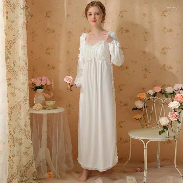 Damen-Nachtwäsche, viktorianisches Vintage-Nachthemd, weiße Baumwolle, Nachtkleid, Damen, süße Rüschen, Langarm-Robe, Peignoir, Prinzessinnen-Nachtwäsche