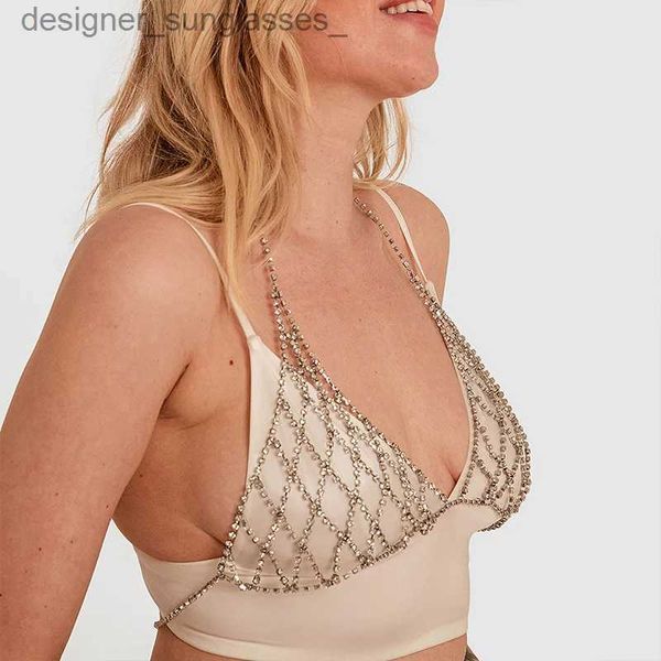 Outros acessórios de moda Moda Beachwear Harness Colar Inner Mesh Chest Chains Presente Sexy Strass Bra Bo Belly Chain Summer Bikini Top JewelryL231215
