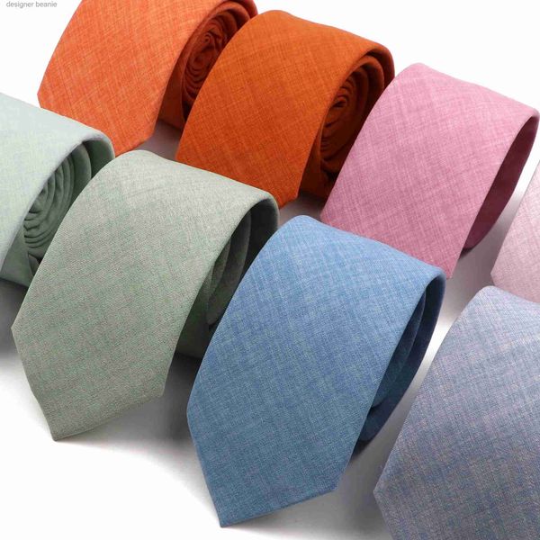 Gravatas de pescoço novas gravatas casuais de cor sólida para homens verde azul rosa gravata de algodão gola estreita slim skinny cravat acessórios de festa de casamento l231215