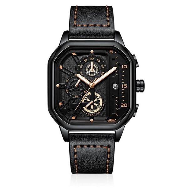 Legal preto nektom marca oco para fora relógios masculinos relógio de quartzo preciso pulseira de couro luminoso mostrador quadrado relógios de pulso273l