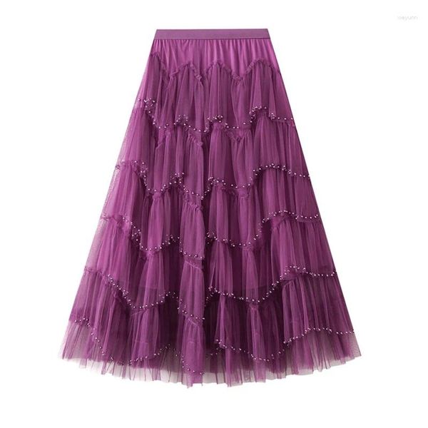 Saias Tigena Moda Beading Tiered Maxi Tutu Tulle Saia para Mulheres Coreano High Street Uma Linha Cintura Longa Malha Feminina