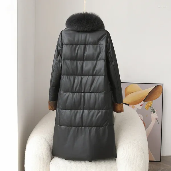 Couro feminino estilo chinês genuíno jaqueta para baixo para 2023 gola de pele de inverno haining ovelha mãe casaco médio