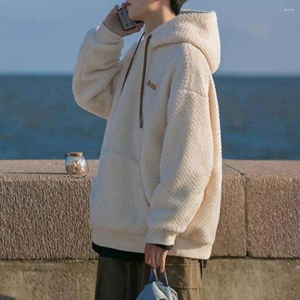 Erkek kapüşonlu sweatshirt vintage Amerikan tarzı kalın polar kapüşonlu, sonbahar kış için elastik manşet sıcak kazak
