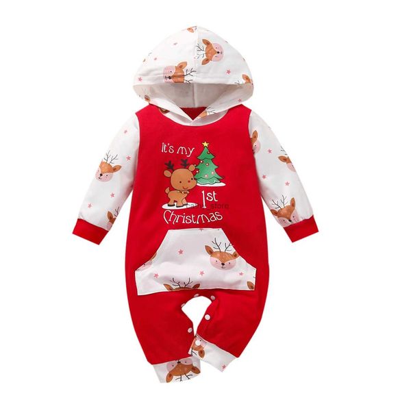 Rompers Ma Baby 0-12m Benim 1. Noel Yenidoğan Bebek Erkek Erkek Erkek Tulum Sevimli Geyik Araba Baskı Uzun Kollu Romper Noel Kostüm D84L231114