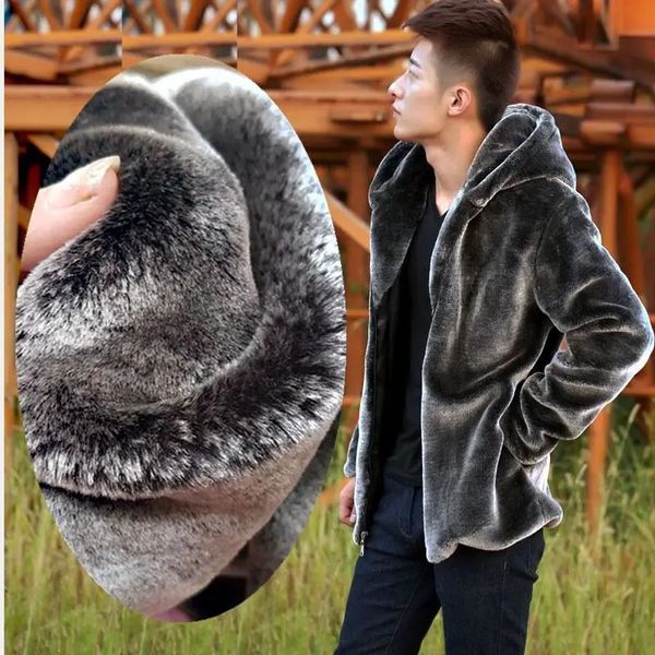 Мужские куртки, осенне-зимняя шуба из искусственного меха норки для мальчиков, короткое серое пальто с капюшоном, плюшевое пушистое пальто для мужчин, большие размеры Xxxl 4xl 5xl, теплое пальто для мужчин 231214