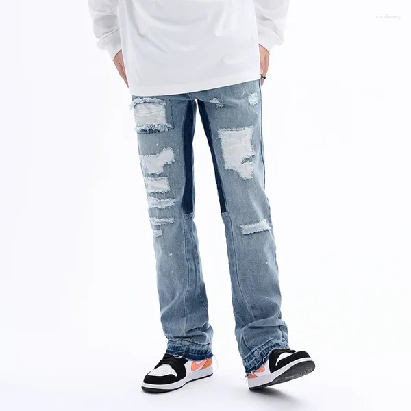 Herren-Jeans, kontrastfarben, Loch, zerrissen, Distressed, blaue Hose, Retro-Streetwear, ausgefranst, Baggy, lässig, Flare-Denim-Hose, Übergröße