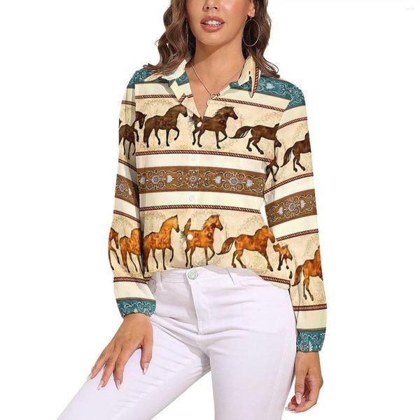 Женские блузки, винтажная блузка с изображением лошади, современная женская уличная рубашка с графическим принтом и длинным рукавом, летняя одежда больших размеров