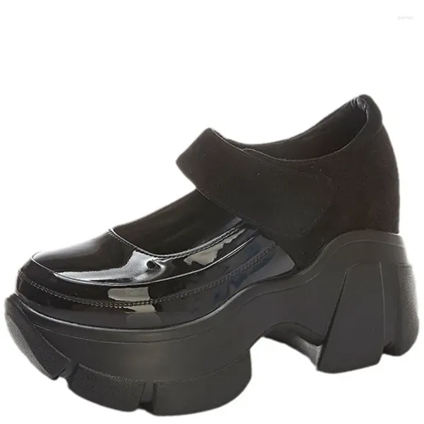 Kleidschuhe 9 cm Plattform Dicke Sohlen Mary Jane Leder 2024 Herbst Sport und Freizeit Britischer Stil Heels Schwarz Weiß