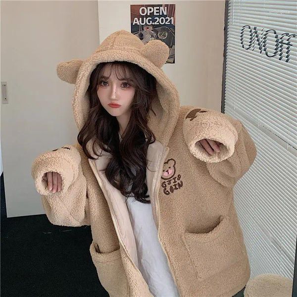 Mulheres Hoodies Cordeiro Lã Mulheres Y2K Moletons Kawaii Coreano Zipper Casacos Fleece Grosso Oversize Urso Orelha Impressão Com Capuz Estilo Preppy Harajuku