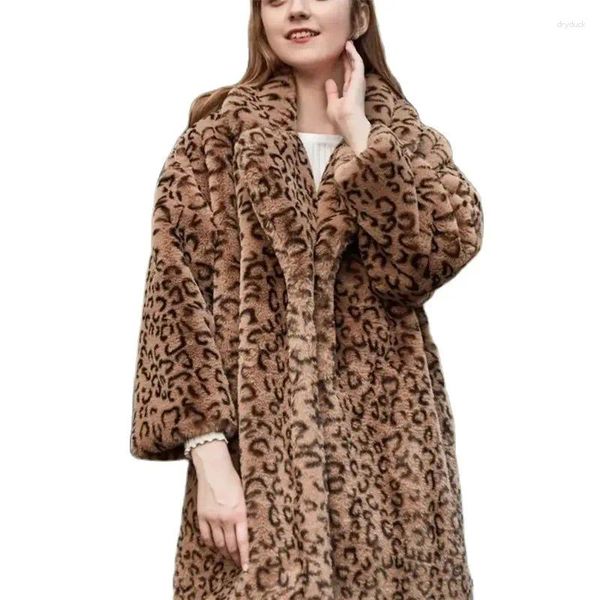 Casaco de pele feminino streetwear inverno leopardo falso longo jaqueta macio algodão-acolchoado casacos senhora solto fluff casaco
