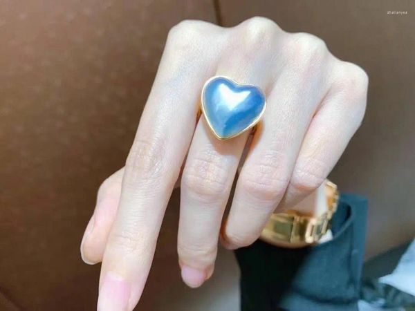 Anéis de cluster lindo 17-18mm South Sea Mabe Blue Heart Pearl Ring 925s