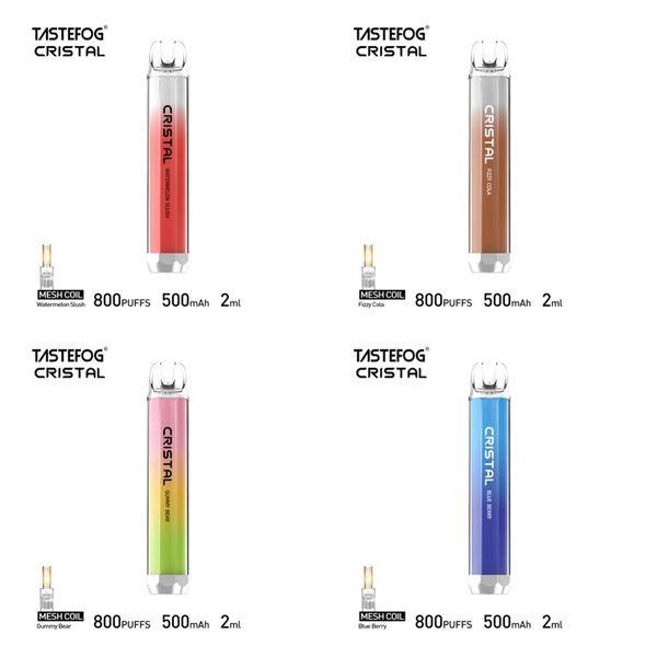 Аутентичные оригинальные Tastefog Cristal 800 Puffs Одноразовые Vape Pen Puff 800 Электронная сигарета 2% 2 мл 500 мАч 10 вкусов Оптовая цена со светодиодной подсветкой Без налога