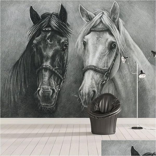 Wallpapers personalizado p o mural 3d criativo pintado à mão preto e branco cavalo quarto estudo sala de estar decoração de parede painti homefavor dhmgy