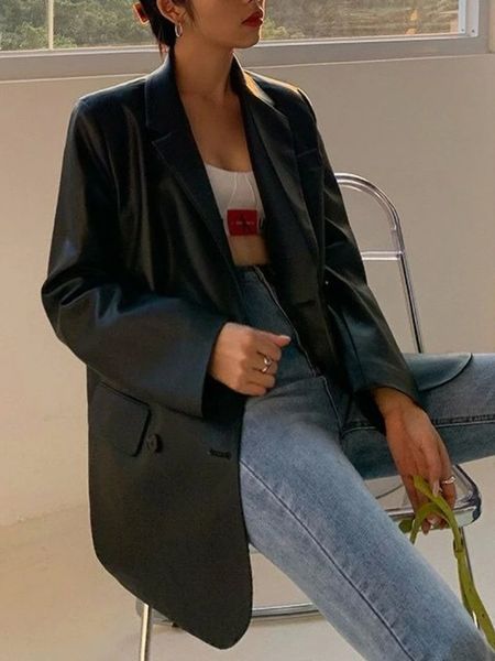 Frauen Leder Faux Koreanische Schwarz Moto Jacke Vintage Warme Weibliche Lose Anzug Blazer Streetwear Damen Mode Trend Dünne Biker Mäntel 231215