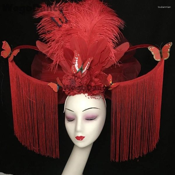 Çin lüks kişilik modeli podyum tüyü çiçek headdress sahne performans stil saç aksesuarı