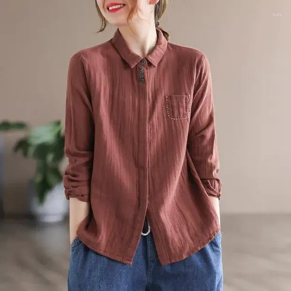 Camicette da donna Camicia ricamata Casual Rosso mattone Top da donna Camicetta a maniche lunghe con risvolto Abiti classici per il tempo libero Camicie con bottoni Top in cotone