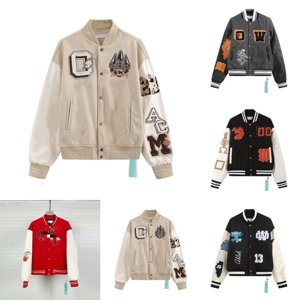 Giacca a vento off giacche Varsity vintage allentato lungo baseball hip hop harajuku offs bianco lettera ricamo streetwear uomo cappotti unisex 516