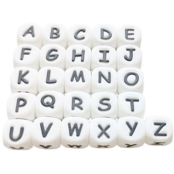 Schnullerhalter Clips 100 Stück englische Buchstaben Silikon Alphabet Perlen 10 mm Würfel Beißring DIY Name auf Baby Zahnen Schmuck Stillspielzeug 231215