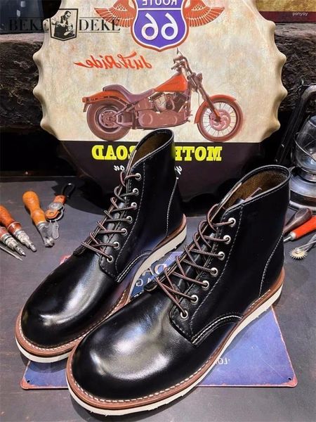 Botas vintage homens alta superior motocicleta equitação tornozelo couro genuíno sapatos de trabalho rendas até plataforma grossa dedo do pé redondo