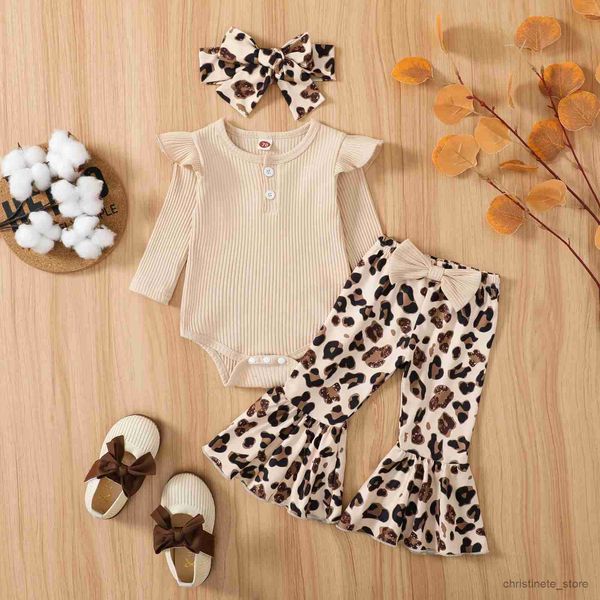 Conjuntos de roupas Citgeett Outono Infantil Bebê Meninas Macacão Cor Sólida Com Nervuras Fly Sleeve Romper + Leopard Flare Calças Primavera Roupas R231215