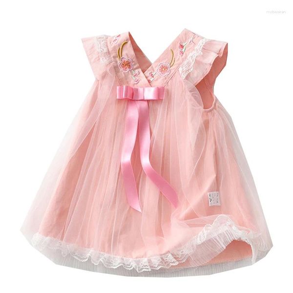 Set di abbigliamento Abito ricamato da principessa per bambine Stile cinese senza maniche Gonne in tulle rosa Gonna elegante in rete per bambini Abiti da sposa