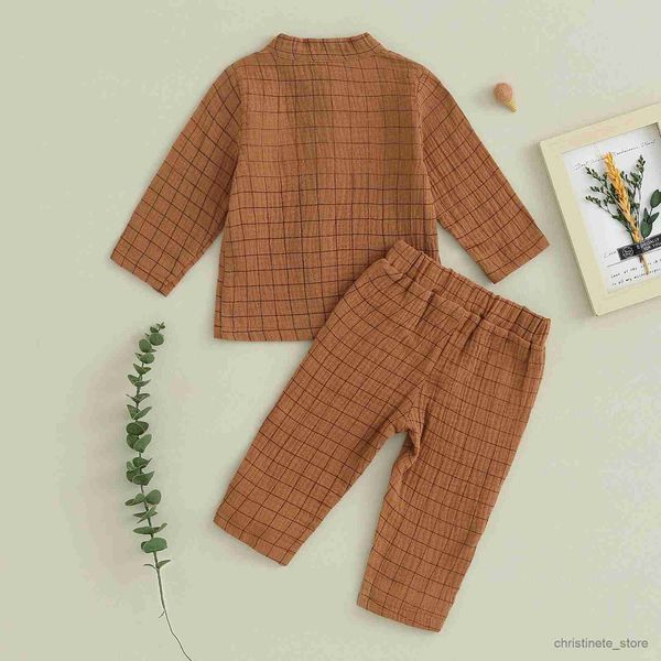 Set di abbigliamento Bambino Ragazzo Vestiti primaverili Modello scozzese Camicia a maniche lunghe con bottoni Pantaloni elastici in vita 2 pezzi Vestito casual R231215