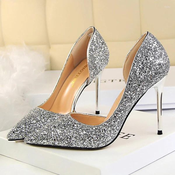 Sapatos de vestido 2023 mulheres 9.5cm salto alto azul ouro prata bombas sexy lantejoulas bling baixa senhora scarpins luxo stiletto sparkly baile