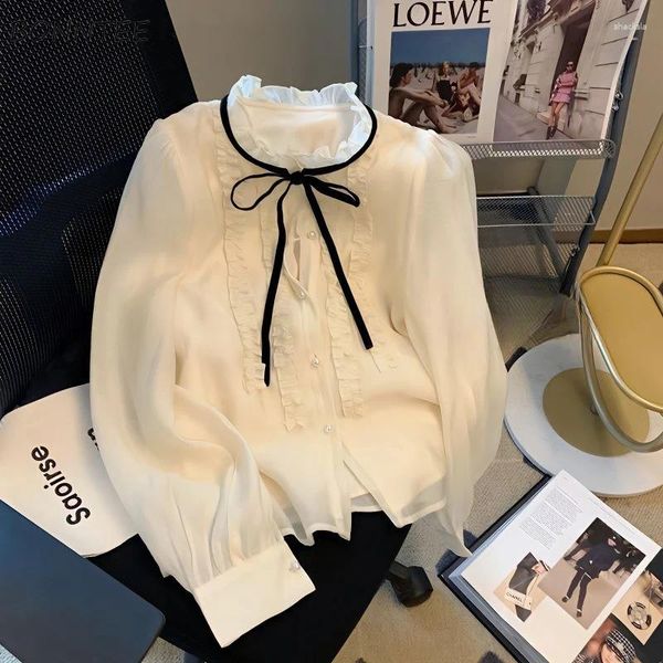 Camicette da donna Camicie da donna Top a maniche lunghe con fiocco Stile coreano O-collo a pieghe Semplice abbottonatura Chiffon Dolce Tutto-fiammifero Elegante Casual Morbido