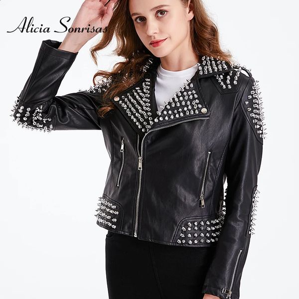 Женская кожаная фальшивка плюс Size S до 4xl Women Moto Jacket Spikes заклепки Slim Metal Sier Metallic PU Punk Black Biker Coats 231214