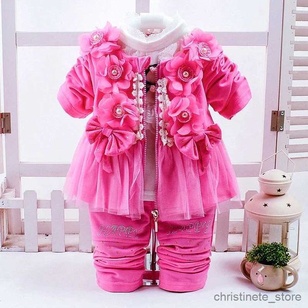 Kleidungssets Mode Prinzessin 3-teiliges Kleidungsset Blumenmantel + T-Shirt + Hose Kleinkind Mädchen Baumwollanzug Kinder Baby Kindergeburtstag Party Outfits R231215