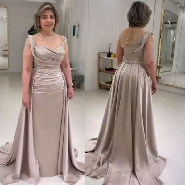 Helles Champagner-Kleid für die Mutter des Bräutigams, durchscheinender Ausschnitt, A-Linie, Mutter- und Brautkleid, mit Perlen besetzt, funkelnder Glanz, formelle Abendkleider für besondere Anlässe MD002