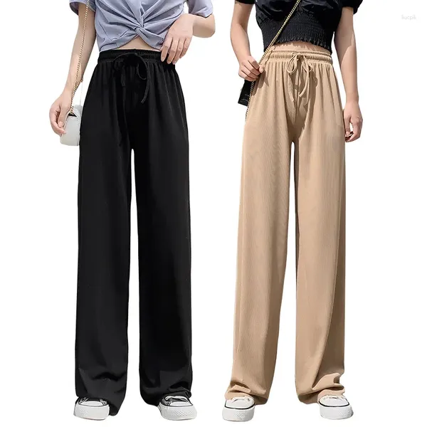 Calças femininas verão feminino gelo seda perna larga versão coreana cintura alta solta magro relaxado longo chão calças femininas