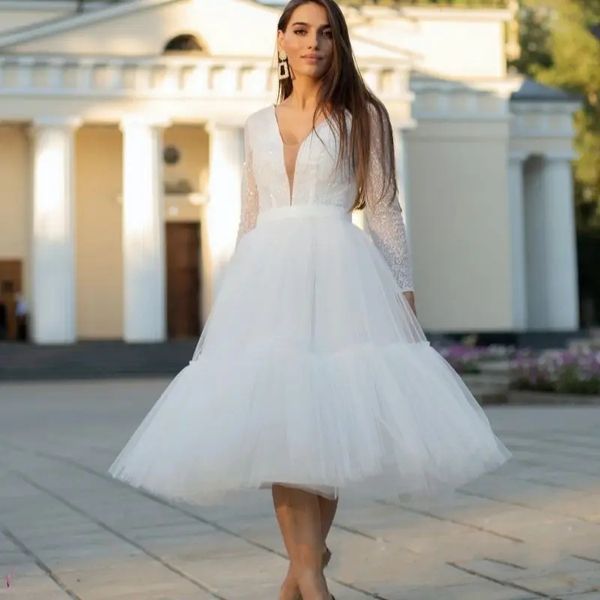 Сексуальное белое тюлевое платье для выпускного вечера с v-образным вырезом 2024, длина миди, блестки, кружево с длинными рукавами, вечернее вечернее платье, Дубай, Robe De Soiree, Vestidos De Fieast