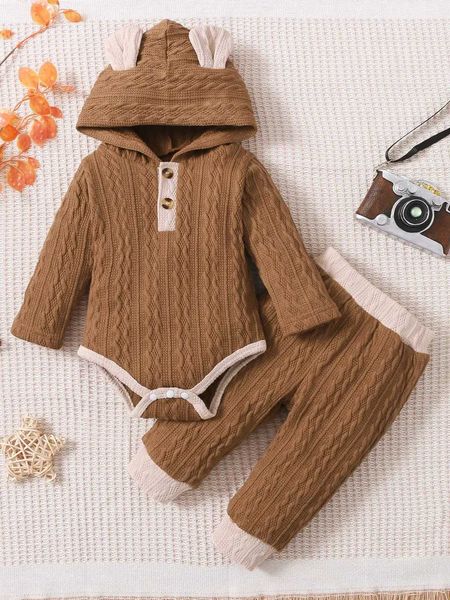 Kleidungssets für 0–2 Jahre alte Neugeborene Jungen und Mädchen, Herbst und Winter, mit Kapuze, Nachahmung, Wolle, gewebt, einfarbig, modisches Overall-Hosen-Set