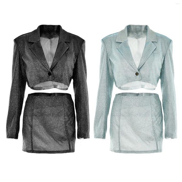 Vestidos de trabalho feminino primavera 2 peças outfits glitter lapela manga longa ombro acolchoado um botão curto blazer tops envolto hip mini saias