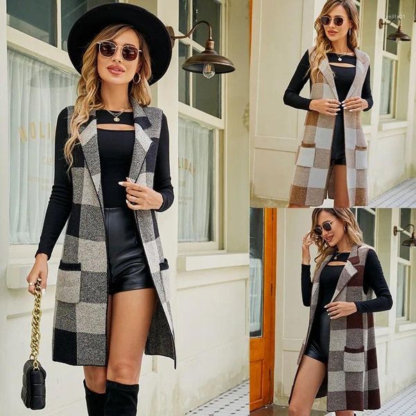 Maglieria da donna Autunno e Inverno Stile lungo Colletto senza maniche Cardigan lavorato a maglia Lattice Jacquard Maglione Gilet Capispalla Top Cappotto di moda