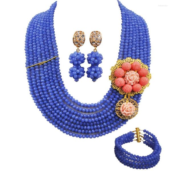 Colar brincos conjunto azul azul contas de cristal africano jóias nupcial casamento moda traje