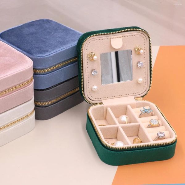 Sacchetti per gioielli Mini scatola portaoggetti portatile in velluto per esposizione con cerniera Anello da viaggio per collana, contenitore per regalo da donna quadrato