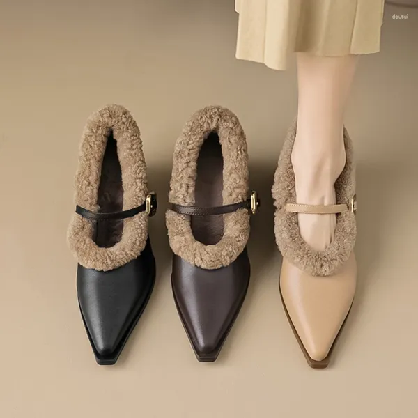 Модельные туфли, элегантные женские зимние туфли Мэри Джейн с металлической пряжкой, шикарный брендовый дизайн, женские зимние туфли-лодочки на низком каблуке с мехом, теплый плюшевый ремень, Zapatos