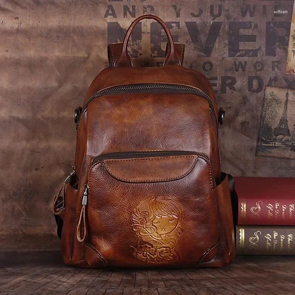 Sacos escolares retro couro genuíno mochila feminina saco 2024 feminino vintage artesanal em relevo natureza macio lazer pacote de viagem