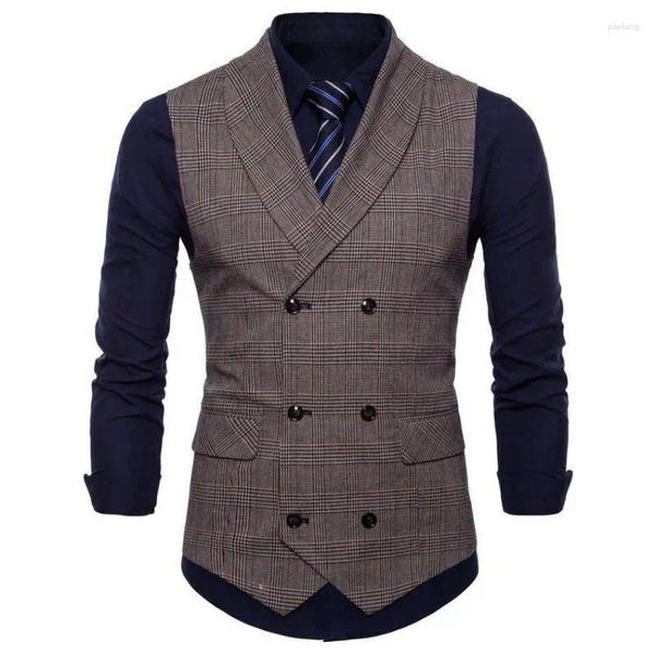 Coletes masculinos M-4XL Mens ternos primavera outono duplo breasted xadrez magro plus size festa casual masculino blazer coletes roupas h62