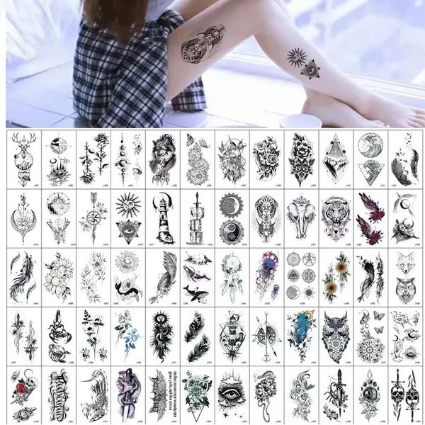 Tatuagens temporárias 60 estilos impermeável tatuagem temporária adesivo para mulheres homens tatuagens lobo crânio flores cobra corpo arte pescoço braço mão falso tatoo 231215