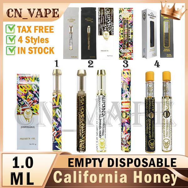 NEU California Honey mit Box Einwegstifte 1,0 ml Schwarzgold-Verdampfer Leere E-Zigaretten Wiederaufladbarer Akku Reiner Geschmack für dickes Öl Verpackungsbeutel