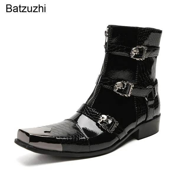 Botas masculinas de couro artesanal de luxo preto/ouro, novo design, fivelas, biqueira quadrada de metal, moda para festa, motocicleta, botas de casamento, tamanho grande!