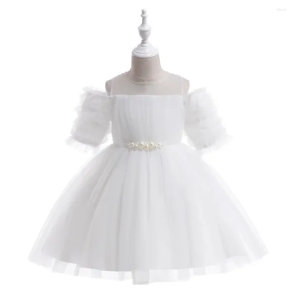 Vestidos de menina crianças branco curto casamento aniversário desempenho festa vestido de noite meninas vestido de baile fora do ombro pérolas cinto roupas 4-13 anos