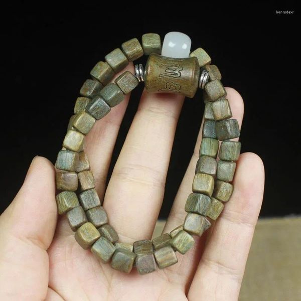 Filo di legno di sandalo verde americano Bracciale quadrato con foro piccolo Perline di bambù intagliate Corda a mano di Buddha Accessori per uomo e donna