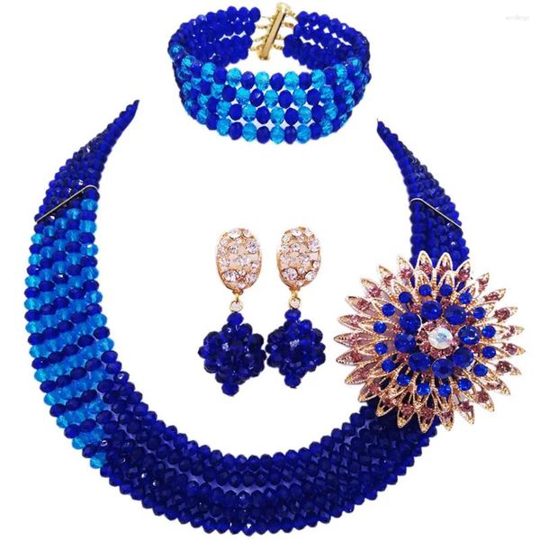 Комплект ожерелья и серег, модный королевский синий и костюм озера, африканские бусы, ювелирные изделия, нигерийские свадебные хрустальные свадебные 5JZ07