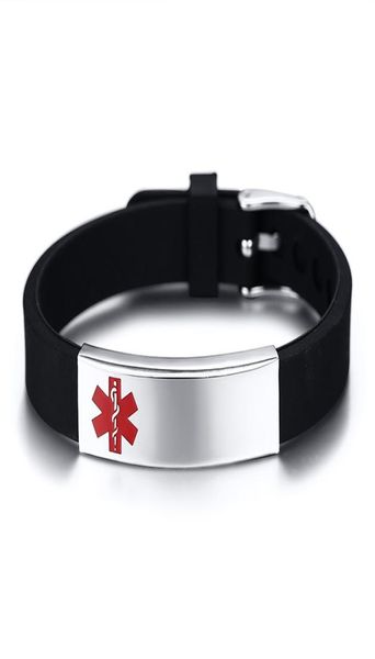 Gravura Personalizado Alerta Médico ID Pulseira Homens Pulseiras de Silicone Pessoal Pulseira Não alérgica3408263